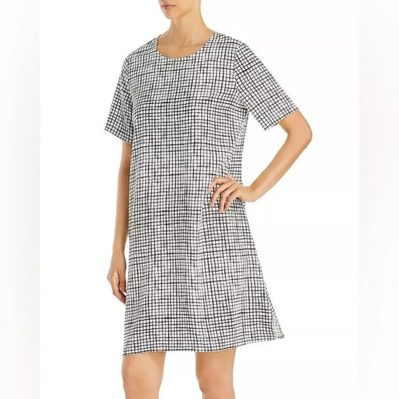 EILEEN FISHER NWOT Checked Tencel Blend Dress in‎ Bone Black - Picture 1 of 8